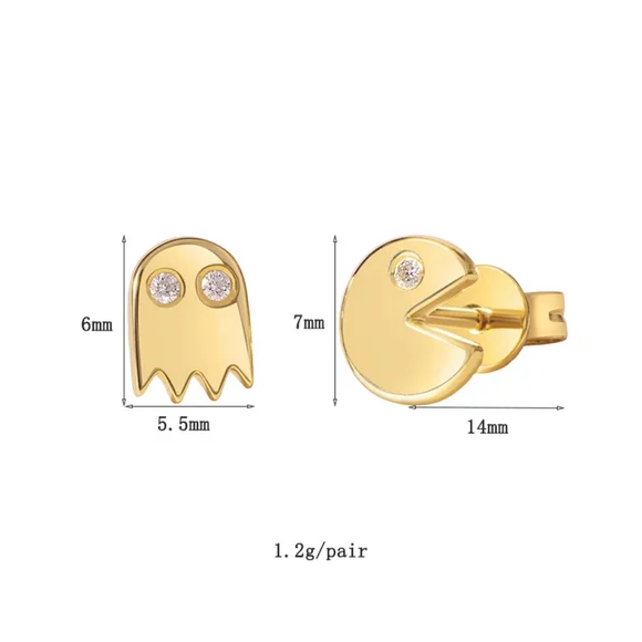 NEW 14k Gold Diamond Pac Man Stud Earrings - Picture 7 of 8